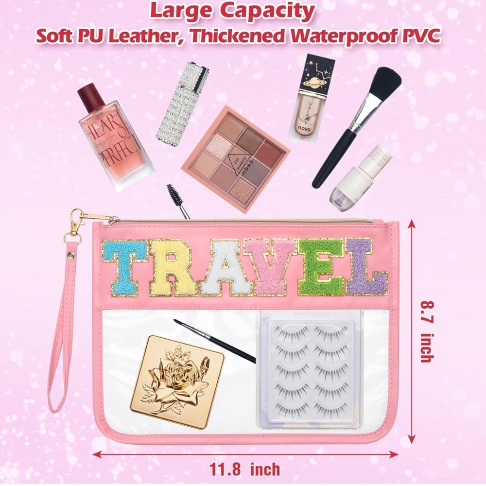 NEW! “TRAVEL” chenille patch zip pouch bag tsa approved clear